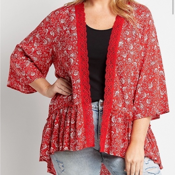 Maurices Sweaters - Maurices Red Floral Crochet Trim Open Front Peplum Hem Kimono Size Large